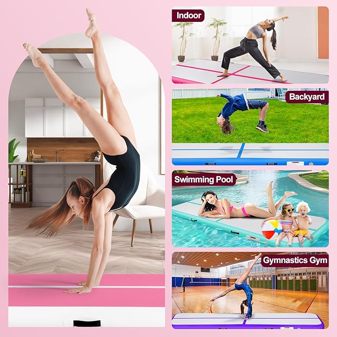 Inflatable Gymnastics Mat 10ft/13ft/16ft/20ft/ Air Tumbling Track Mats 4/8 inches Thick for Home Use/Training/Cheerleading/Yoga/Water with Pump