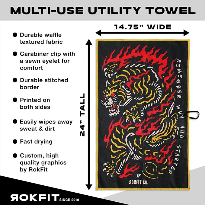 RokFit Gym & Golf Towel – Multi-Use, Quick-Dry, Durable Utility Towel with Bold Graphic and Carabiner Clip (Remember Why You Started)