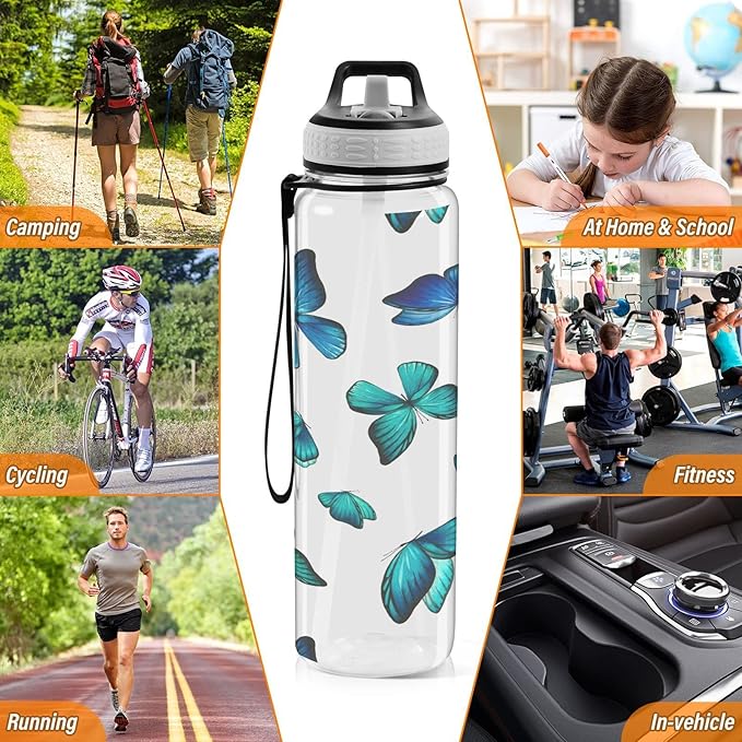 Watercolor Blue Butterfly Sport Water Bottle with Straw, Leakproof Tritan Bottle BPA Free Clear Water Bottle for Fitness Outdoor Gym Travel- 32 oz