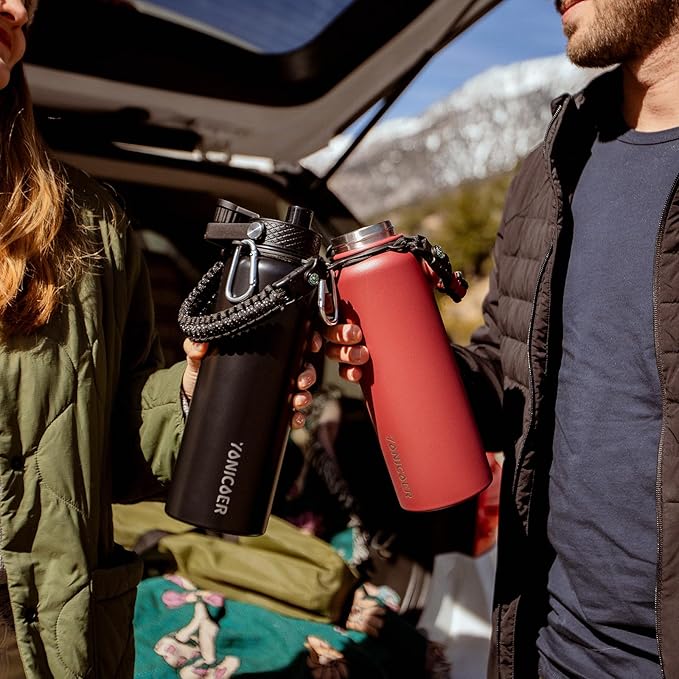 Insulated Water Bottle 40oz,Triple Wall Vacuum Stainless Steel(Dishwasher Safe),Leak Proof & Non-BPA,Flask Jug with Paracord Handle & Straw Spout Lids Sports Navy Blue