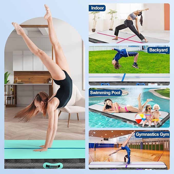 Inflatable Gymnastics Mat 10ft/13ft/16ft/20ft/ Air Tumbling Track Mats 4/8 inches Thick for Home Use/Training/Cheerleading/Yoga/Water with Pump