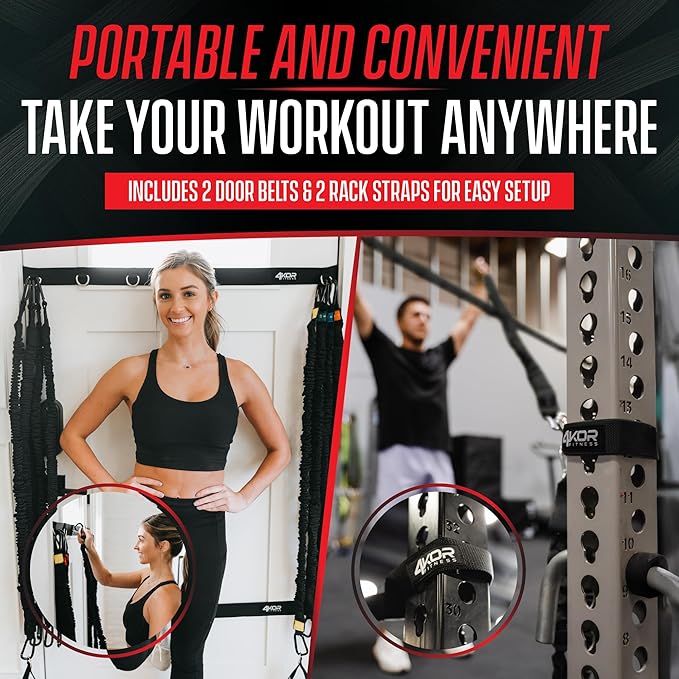4KOR Deluxe Shoulder and Full Body Cross Anchored Resistance Cord System with Interchangeable Handles, Foot Straps, and Workout Guide. Exercise Bands with Nylon Sleeves, Anchors, and Carry Bag