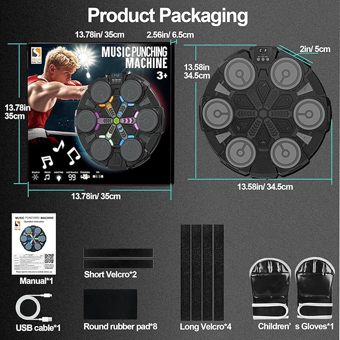 Music Punching Machine for Kids Adults,Bluetooth Wall Mounted Boxing Trainer with Gloves,Rhythm Lights,2 Player Battle Mode,Reaction Training Pad,Home Gym Sport Toys Gifts for Boys Girls Teens 3-12+