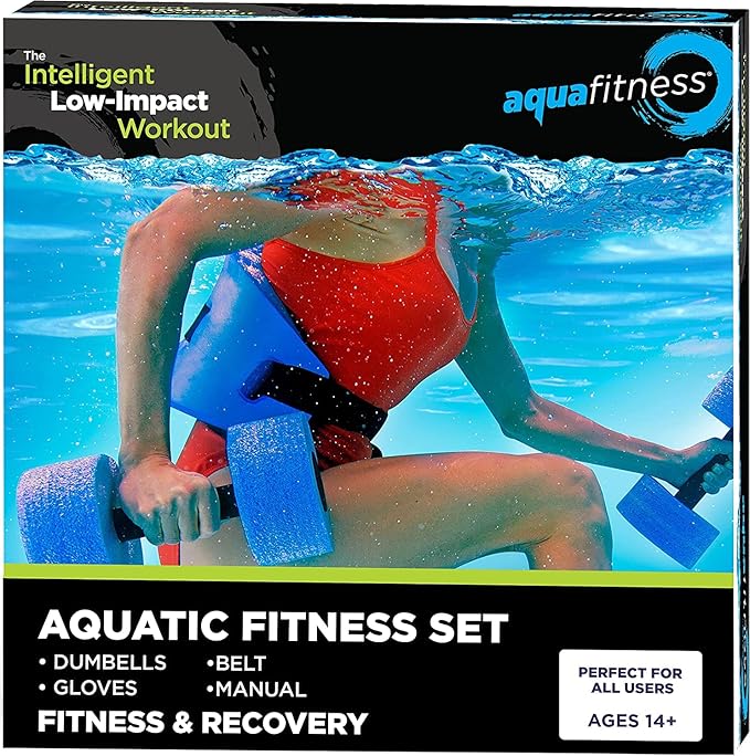 Aqua 6-Piece Fitness Set - Adult Water Aerobics Equipment for Pool - Includes Aquatic Swim Belt, Resistance Gloves, and Dumbbells