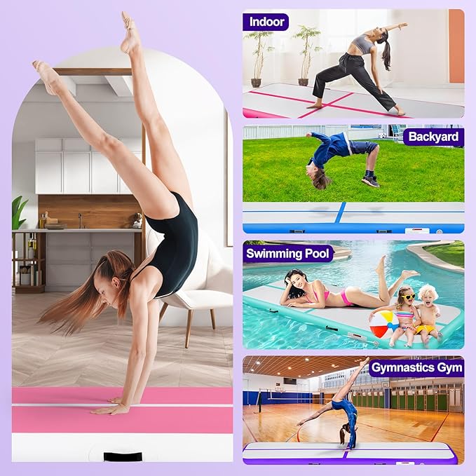 Inflatable Gymnastics Mat 10ft/13ft/16ft/20ft/ Air Tumbling Track Mats 4/8 inches Thick for Home Use/Training/Cheerleading/Yoga/Water with Pump
