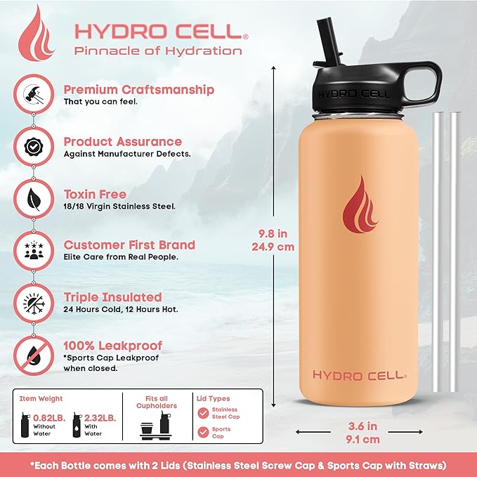 HYDRO CELL Stainless Steel Insulated Water Bottle with Straw - For Cold & Hot Drinks - Metal Vacuum Flask with Screw Cap and Modern Leakproof Sport Thermos for Adults (Peach 32oz)