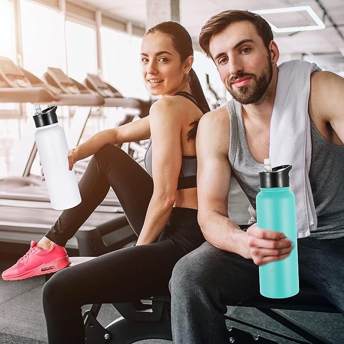 VEGOND 40 oz Insulated Water Bottle Stainless Steel Metal Water Bottles with Leak Proof Straw Lid & Spout Lid, Wide Mouth Double Walled Vacuum Travel Sports Bottle, White
