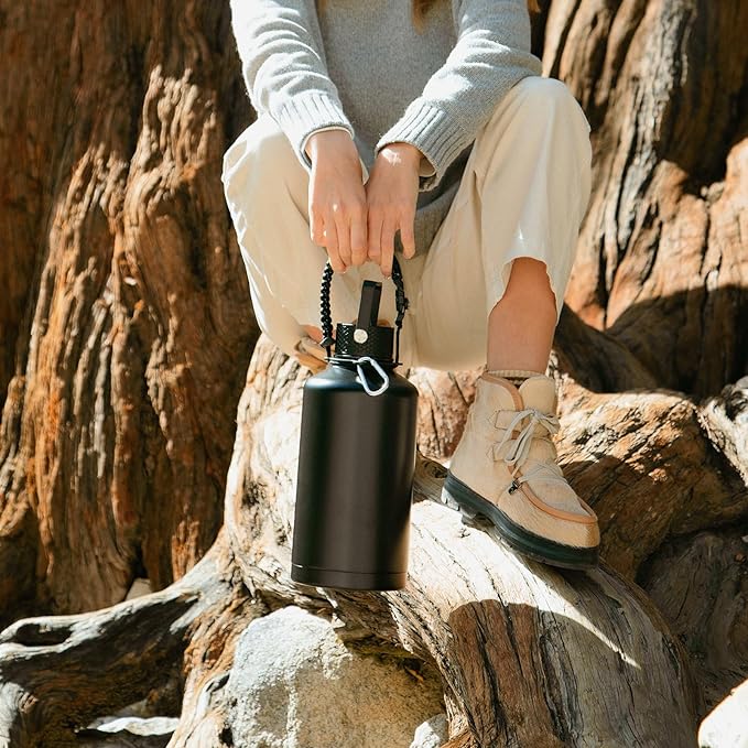 Insulated Water Bottle 64oz,Triple Wall Vacuum Stainless Steel(Dishwasher Safe),Leak Proof & Non-BPA,Flask Jug with Paracord Handle & Straw Spout Lids Sports Gradient black