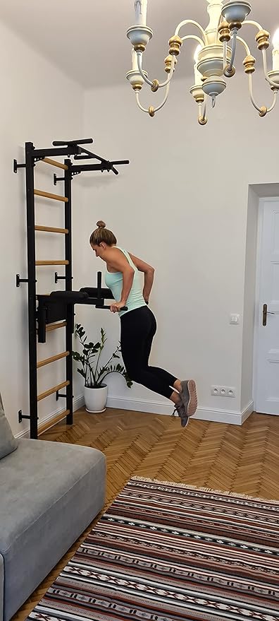Wooden Swedish Ladder Wall Stall Bar - Indoor Chin Up Bar Workout Equipment for Home Exercise, Physical Therapy, Gymnastics, Fitness