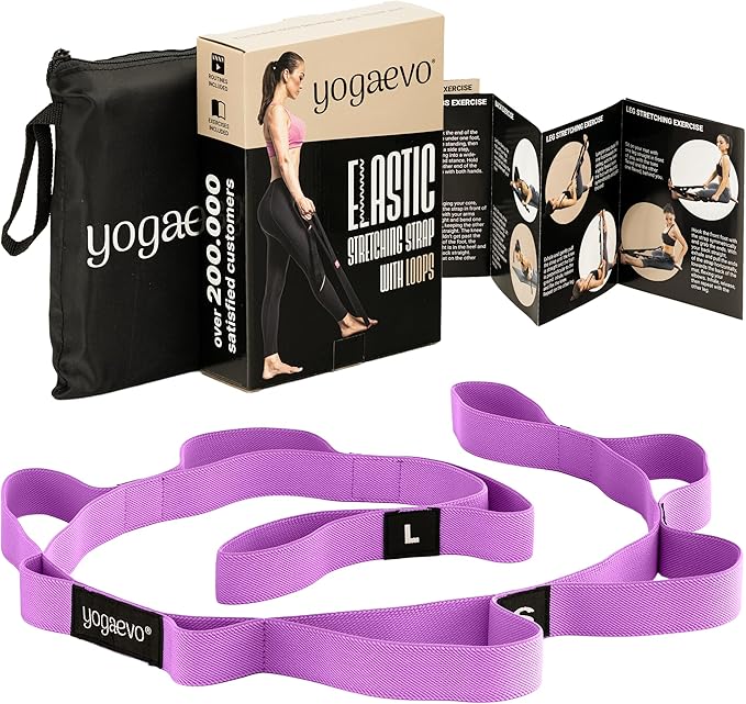 YOGA-EVO Elastic Stretching Strap with 10 Loops Premium Cotton Yoga Strap for Flexibility, Physical Therapy & Muscle Activation Includes Comprehensive HD Video Training & Digital Guide Latex-Free