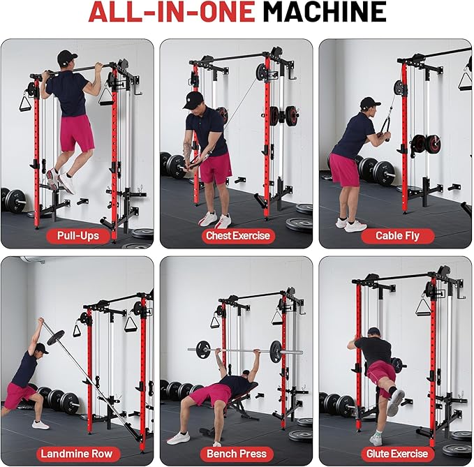GarveeLife Folding Squat Rack, Wall Mounted Power Rack with Pulley System & Pull Up Bar, Compact Fitness Equipment with 5 Adjustable Function Modes for Small Spaces, Garage, Apartment, Red