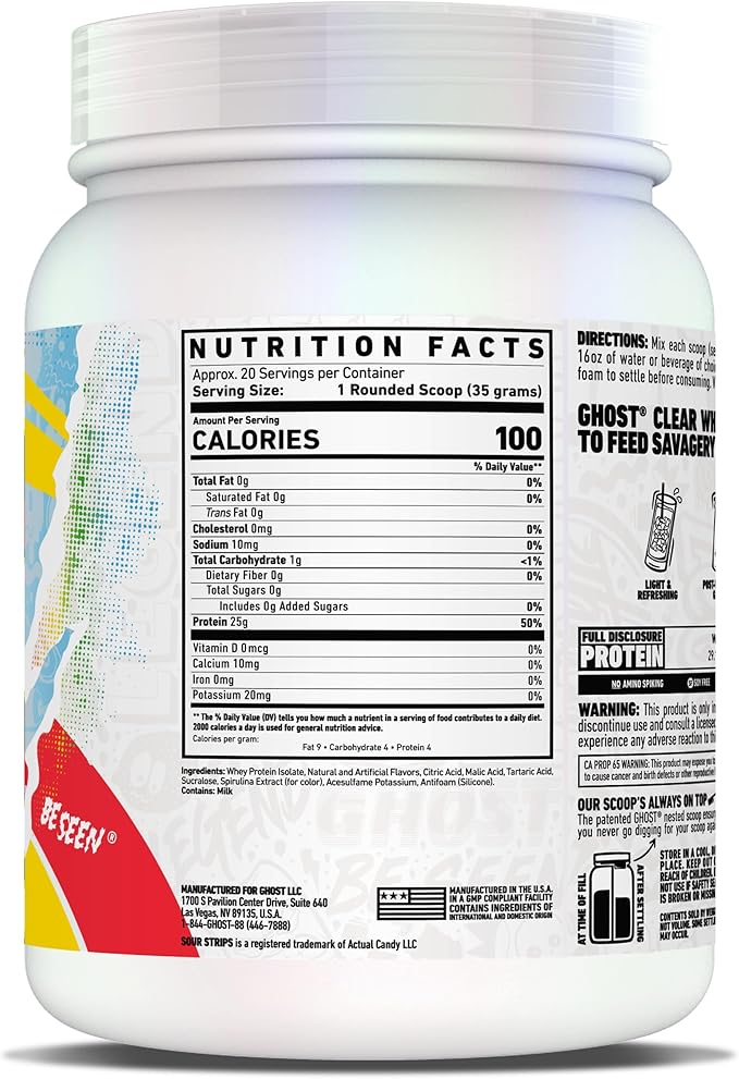 GHOST Clear Whey Isolate Protein Powder, Sour Strips - 1.54 LB Tub, 25G of Whey Protein - Post Workout Drink for Muscle Gain & Recovery – Sugar Free, Soy Free & Zero Fat, 20 Servings