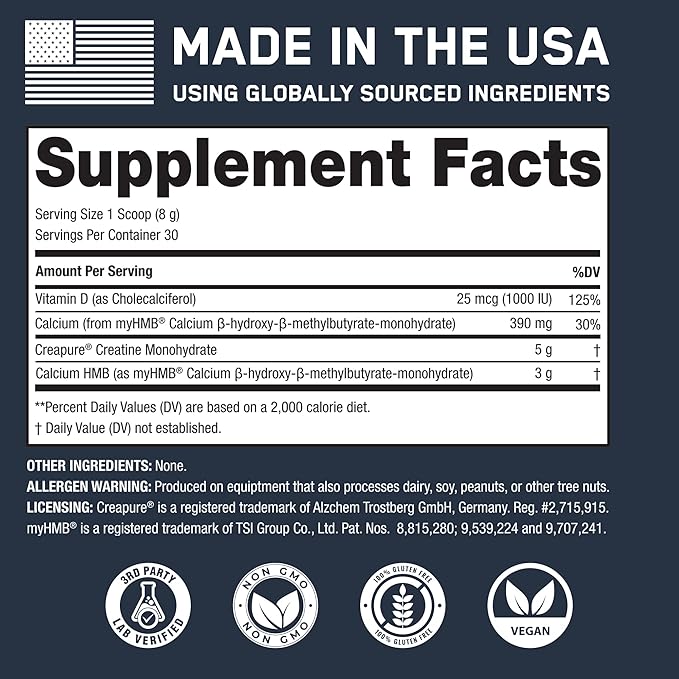 SteelFit Creatine HMB Powder - 5g Creapure Creatine Monohydrate Powder, 3g myHMB & 1000 IU Vitamin D - Workout Supplement Supports Muscle Growth, Strength, Recovery & Energy - Unflavored, 30 Servings