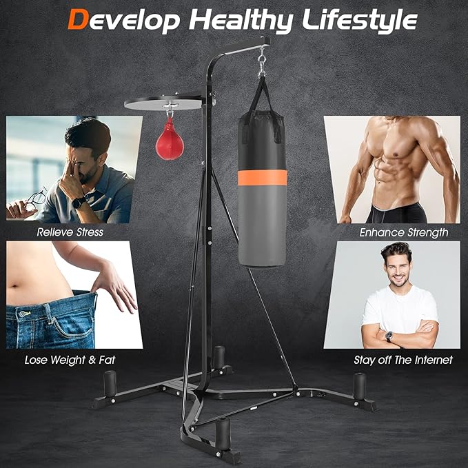 Goplus Punching Bag with Stand for Adults, Free-Standing Heavy Bag Stand with Height Adjustable Speed Bag for Boxing, Sandbag Rack Bracket Station for Home Gym Workout Fitness, Holds up to 220LBS