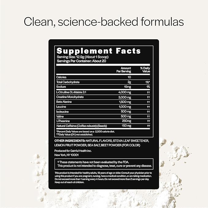 Gainful Pre Workout Powder, Caffeine Free with Creatine, L Citrulline, Beta Alanine, BCAA's, Energy & Muscle Support, 14 Servings (20 Servings, Strawberry Lemonade - Performance)