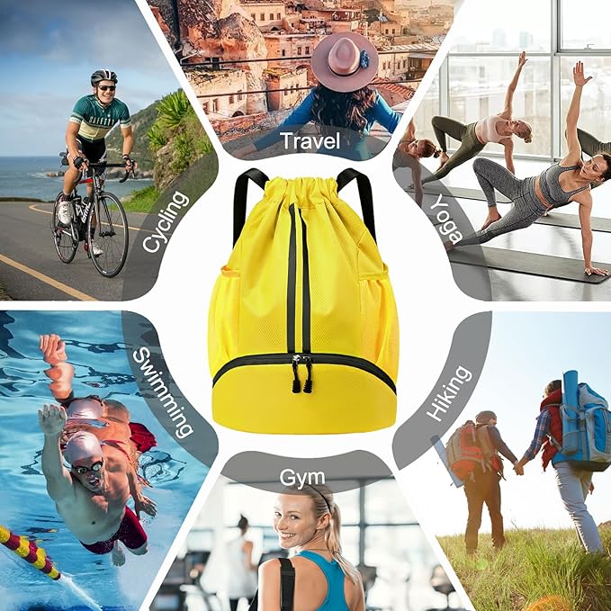 Hoedia Sports Drawstring Backpack - String Swim Gym Bag with Shoes Compartment and Wet Proof Pocket for Women/Men (Yellow)