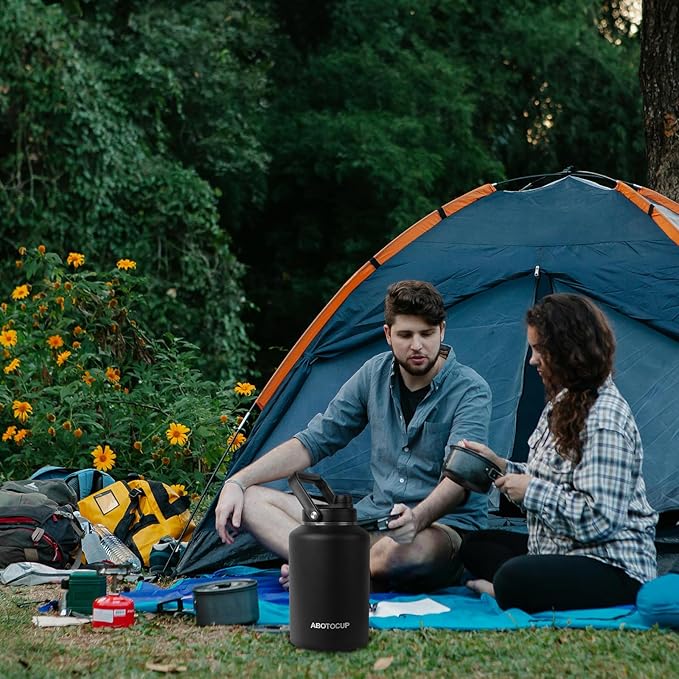 1.5 Gallon Water Jug with Wide Mouth, 192oz Insulated Water Bottle Keep Cold24h&Hot12h, Comes with Ergonomic Handle, Two Double Walled 16oz 18/8 Stainless Steel Cups Thermo Canteen Mug