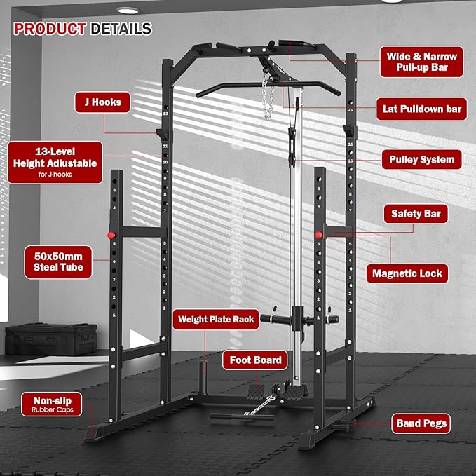 Power Cage, Multi-Function Power Rack with Pulley System Strength Training for Home Gym, Bench Press Squat LAT Pull-Down Pull-up Rowing, All in One Workout Cage