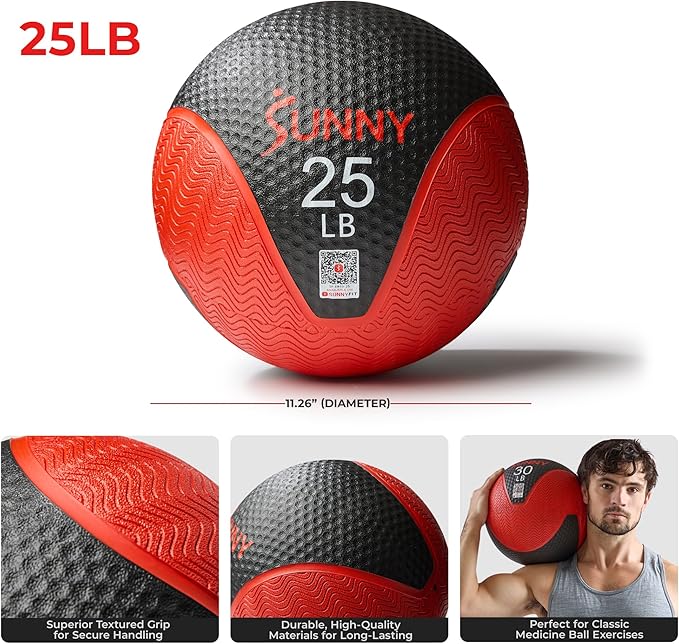 Sunny Health & Fitness Medicine Ball, Textured Rubber, Core Strength & Balance Training, Bouncing, Weight for Home Workouts 4,6,8,10,12,15,20,25,30LB Options