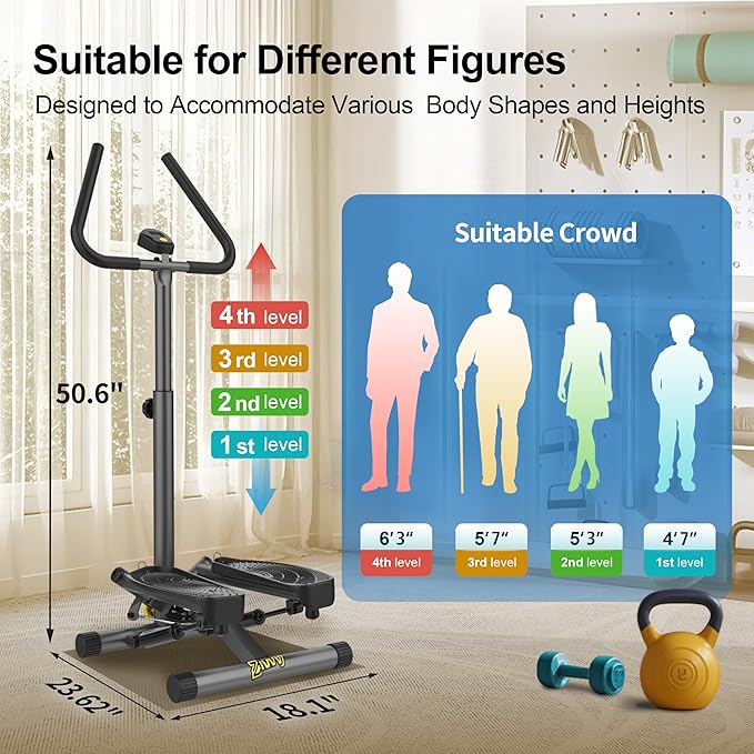 Stepper Machine with Resistance Bands, Mini Stepper with 300LBS Weight Capacity, Twist Stepper for Full Body Workout, Adjustable Step Height, Smooth and Quiet, Step Machine for Men Women