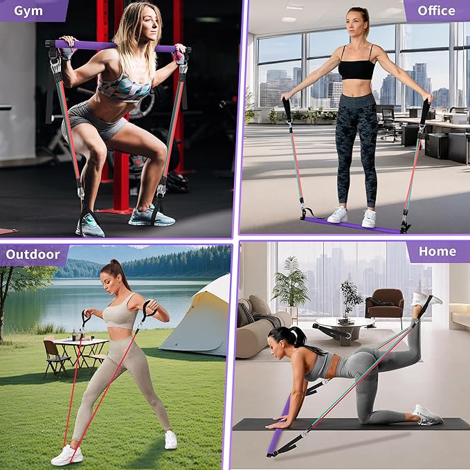 Portable Pilates Bar Kit with Resistance Bands for Men and Women - 3 Set Exercise Resistance Bands - Multifunctional Home Gym - Supports Full-Body Workouts β with Fitness Poster and Video