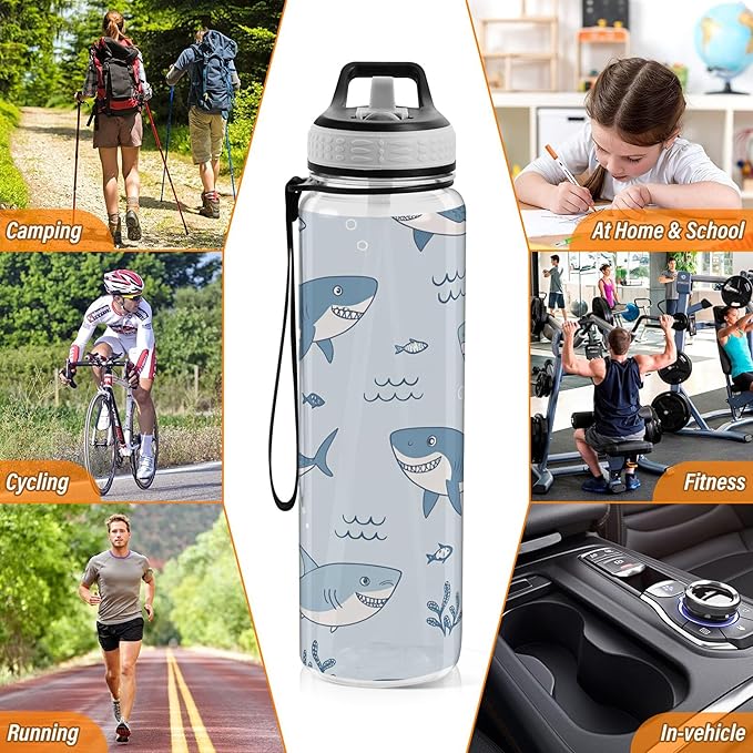 Burbuja Cute Cartoon Sharks 32 oz Water Bottle with Straw Lid, Leakproof & BPA Free Tritan Bottle for Gym Fitness Outdoor Sports