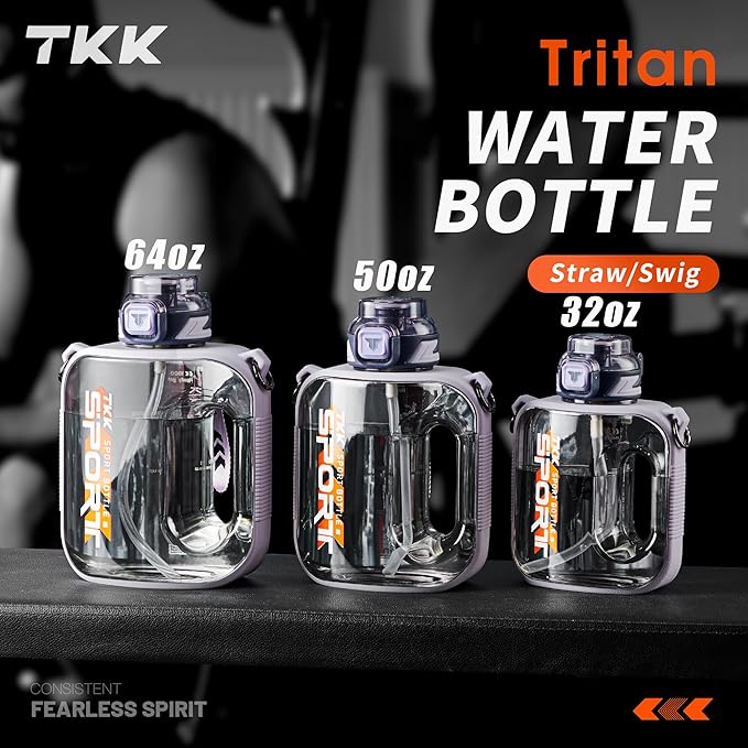 TKK Half Gallon Water Bottle Jug with Straw Large Capacity Plastic Water Bottle Dishwasher Safe 1/2 Gallon 50 Oz Water Bottle Jug BPA Free Tritan for Gym Yoga Travel Camping Outdoor