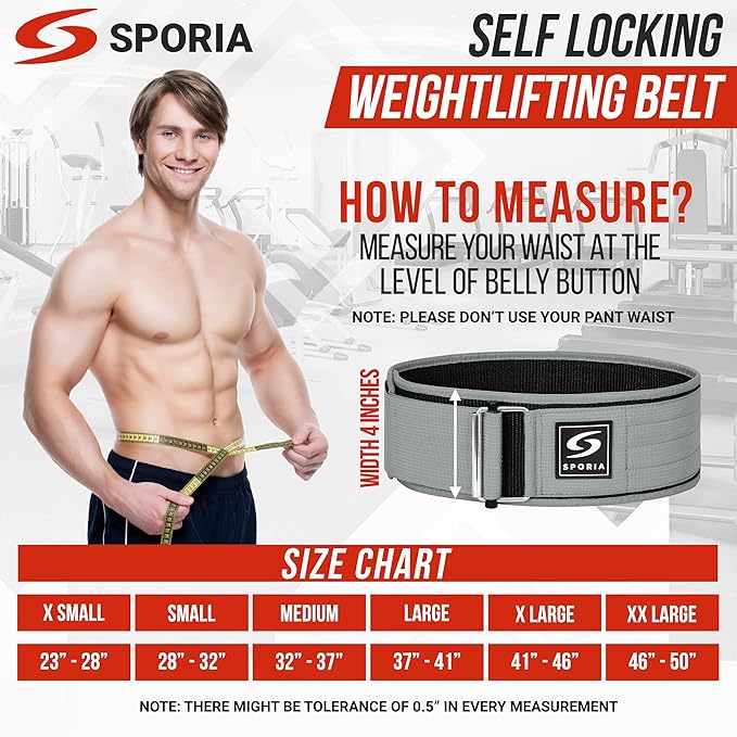 SPORIA Self-Locking Weight Lifting Belt | 4 inch Back Support | Includes Lifting Straps
