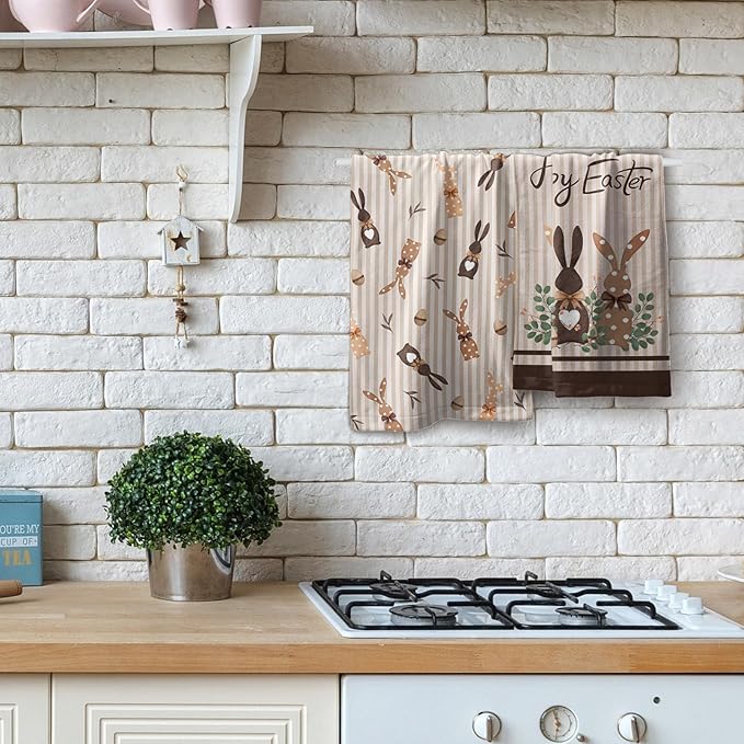 Happy Easter Bunny Hand Towels for Bathroom 2 Packs 14"x28" Polka Dot Rabbits Eggs Green Eucalyptus Decorative Kitchen Towel Brown Stripe Super Soft Drying Finger Towel for Home Hotel Gym