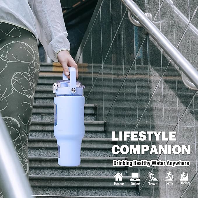 BLUEGO 40 oz Glass Water Bottle With Straw, Leakproof With Time Marker and Silicone Sleeve, Wide Mouth for Travel, Gym, Workout, Blue