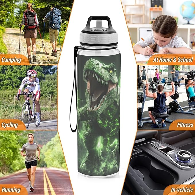 Fustylead 3d Angry Green Dinosaur 32oz Water Bottle with Straw, Leakproof Clear Sport Water Bottles for Gym Camping Hiking Travel