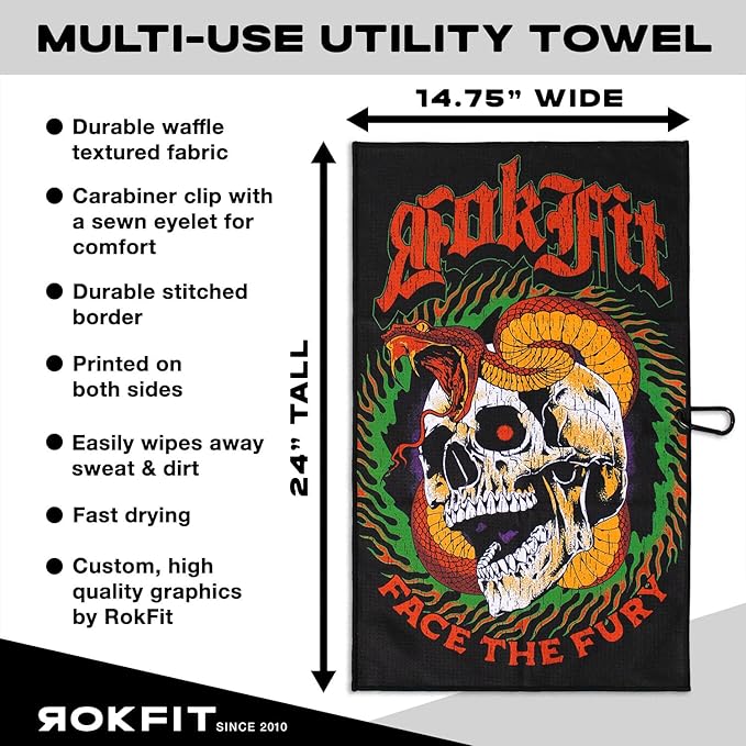 RokFit Gym & Golf Towel – Multi-Use, Quick-Dry, Durable Utility Towel with Bold Graphic and Carabiner Clip (Face The Fury)