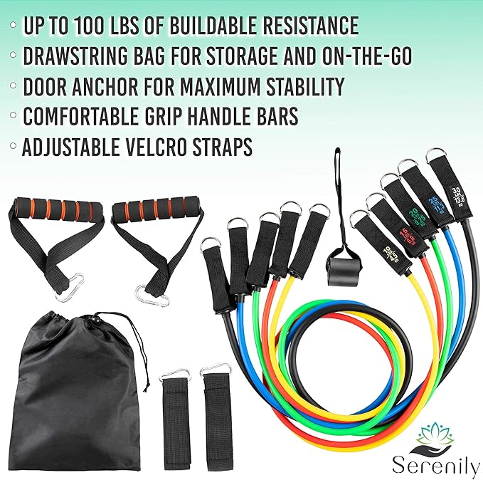 Serenily Exercise Bands, Resistance Bands for Women & Men. Workout Bands with Handles, Straps & Door Anchor Fitness Bands for Resistance Training, Home Workout Equipment Gym Bands for Physical Therapy