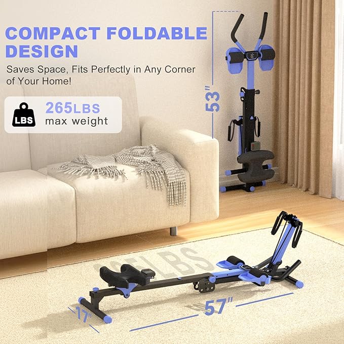 TOUSAINS 3 in 1 Adjustable AB Machine for Stomach Workout with 3 Heights, Foldable Rowing Machine for Home Gym with Comfortable seat & LCD Display Monitor, 265lbs Weight Capacity