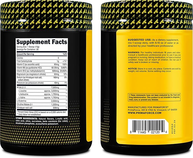 Primaforce BCAA Powder (Pineapple Mango) 30 Servings Per Container - 2:1:1 BCAAs, Post-Workout Recovery Drink with Amino Acids and Real Salt for Men & Women