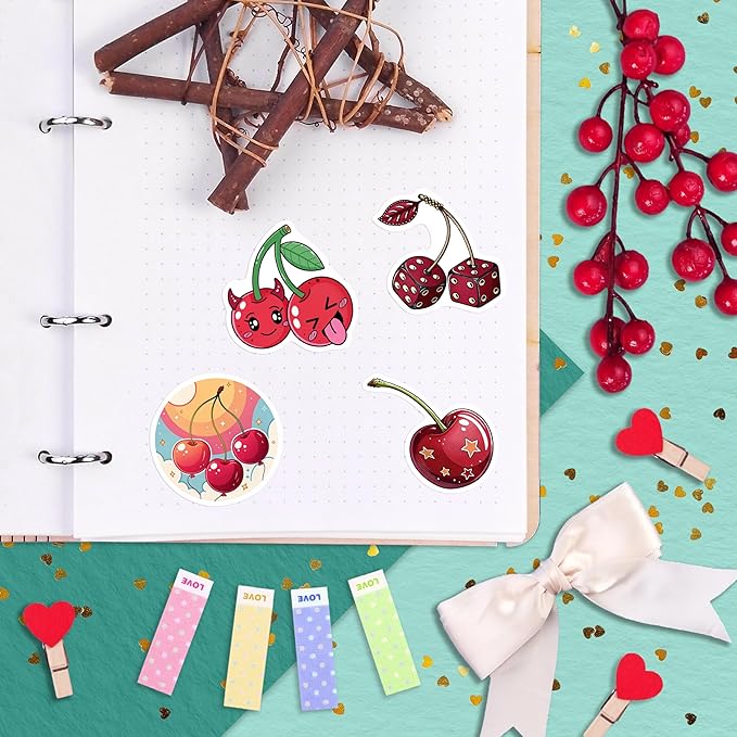 100Pcs Cherry Stickers Waterproof Small for Phone - Cute Fruit Stickers, Red Aesthetic Decals - Cherry Gifts & Party Supplies - Gift for Women & Men