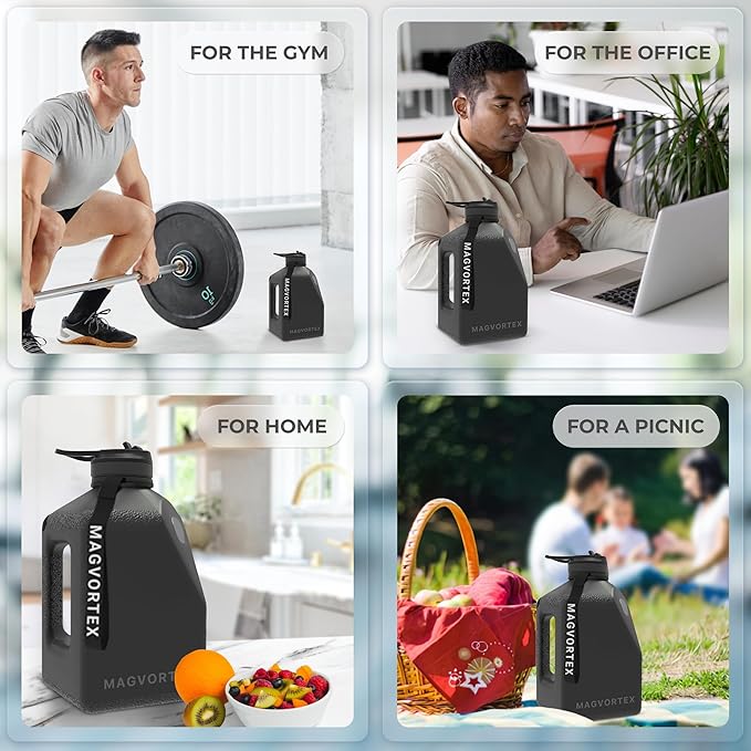 91oz Gym Daily Water Bottle Black – Large BPA-Free PETG Jug with Magnetic Plate Phone Mount, Leakproof Flip-Top Lid, Wide Mouth for Ice, Straw, Carry Strap, Stable Base, Time Marker