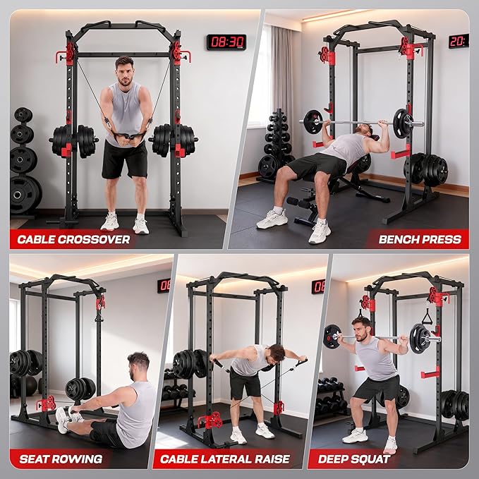Power Cage with Dual Cable Crossover System, 2000LBS Heavy Duty Squat Rack with Independent Pulleys for Full Body Workout, All-in-One Home Gym Equipment,Compact 13.26 Sq Ft for Garage & Basement