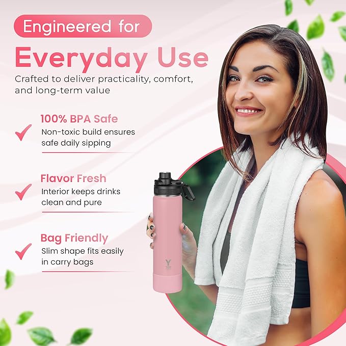 Y TOP 24oz Insulated Water Bottle Leak Proof Spout Lid Fits in Car Cup Holder – Double Wall Dishwasher Safe Easy Clean stainless steel drinking water bottle for Gym Kids Sports Travel Hiking School