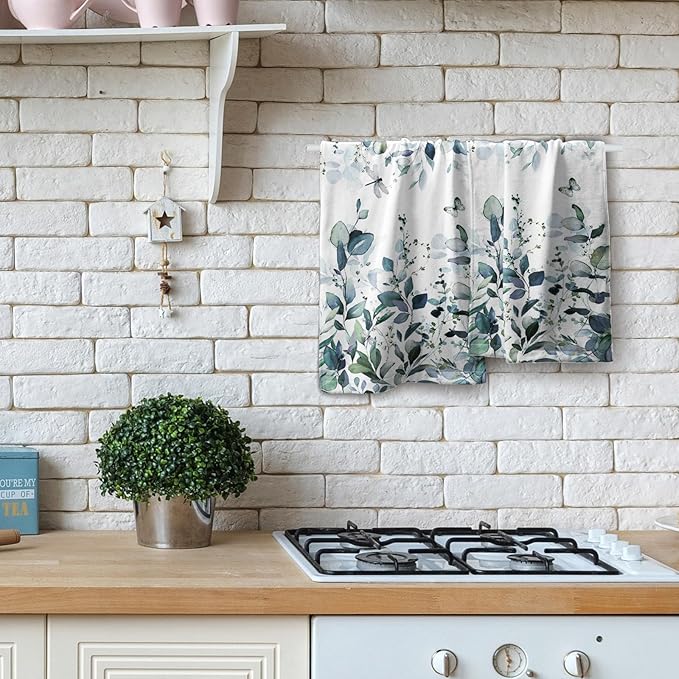 Dark Turquoise Eucalyptus Leaves Hand Towels Spring Turquoise Blue Botanical Fingertip Towel Set of 2 Watercolor Plant Butterfly Dragonfly Kitchen Dish Towels Decorative Bathroom Towels for Bath Spa