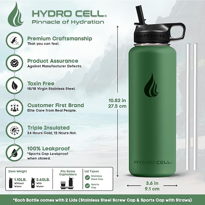 HYDRO CELL Stainless Steel Insulated Water Bottle with Straw - For Cold & Hot Drinks - Metal Vacuum Flask with Screw Cap and Modern Leakproof Sport Thermos for Adults (Forrest 40oz)