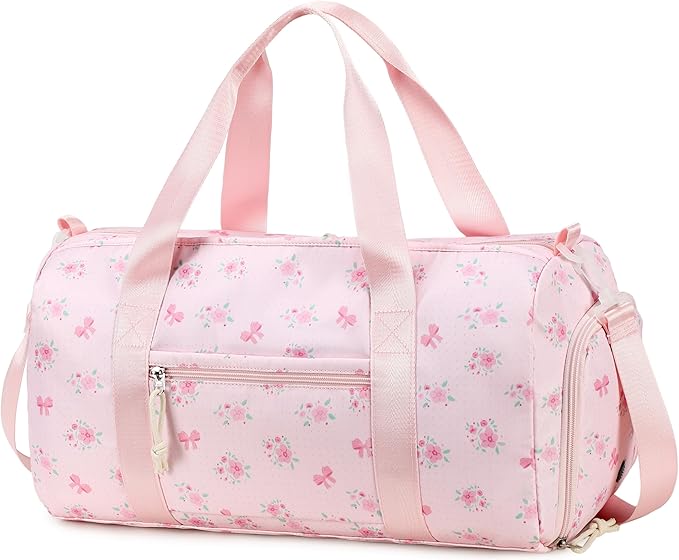 Gym Bag Sports Duffle Bags with Wet Pocket Weekender Overnight Bag with Shoe Compartment and Air Hole for Girls Kids Women Workout Travel Bags (Bow Flower-Pink)