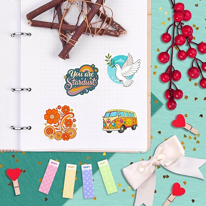100Pcs Hippie Stickers for Phones, Water Bottles, Groovy Stickers Bulk for Laptop, for Water Bottle - Hippie Gifts, Party Supplies & Decoration - Gift for Women & Men