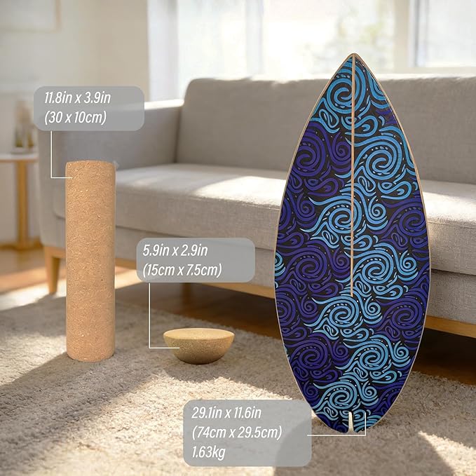 2026 NEW|29" Surf Balance Board for Kids & Adults|MAX. 350lbs Balance Boards with Cork Roller & Half Ball|0.6" Wobble Board Trainer from Beginner to Advanced|Wooden Slack Board