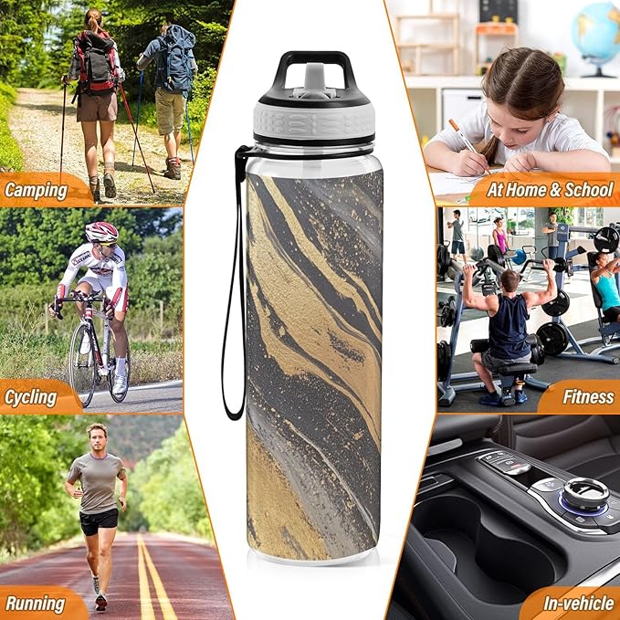 Fustylead Gold with Black Background Paint Stripes 32 oz Water Bottle with Straw, Leakproof Clear Sport Bottles for Women Men Outdoor Sport Drinking