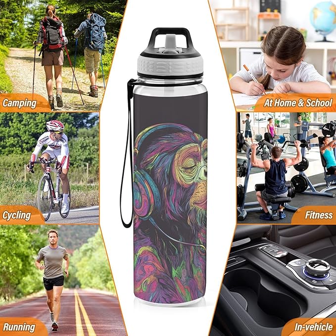 Fustylead Neon Monkey with Headphones Listening To Music 32oz Water Bottle with Straw, Leakproof Clear Sport Water Bottles for Gym Camping Hiking Travel