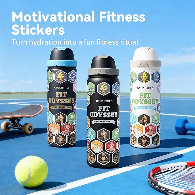 32 oz Motivational Insulated Stainless Steel Water Bottle for Sports, Gym & Travel, 2-in-1 Push-Button Spout & Quick-Flip Straw, Leak-Proof BPA-Free, Keeps Cold 30H, with DIY Fitness Stickers