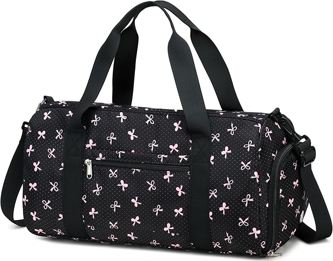 Gym Bag Sports Duffle Bag with Wet Pocket Weekender Overnight Bag with Waterproof Shoe Compartment for Girls Kids Women Travel Dance Yoga Workout Bag (Bow Pink-Black)