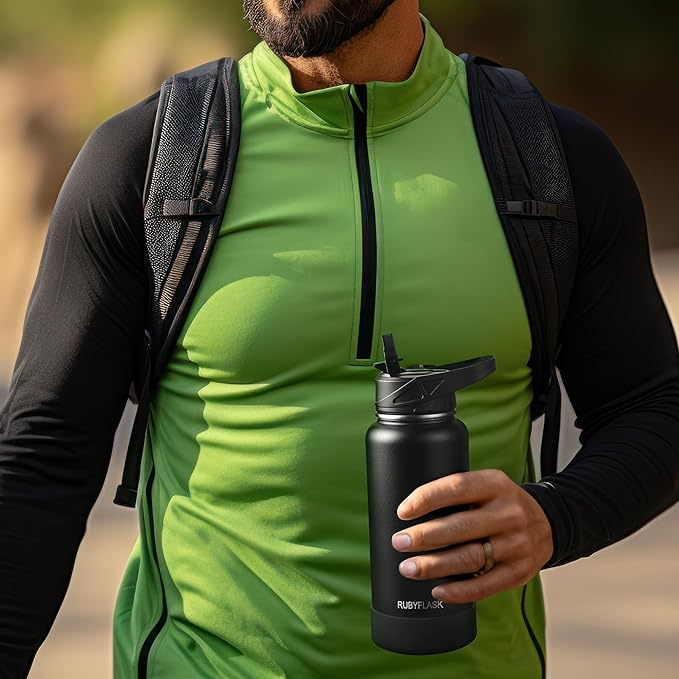 32oz Insulated Water Bottle with Straw, Stainless Steel Metal Vacuum Water Flask, Large Thermal Water bottle with Leakproof 3 Lids for Travel, Camping, Gym Sports Armygreen