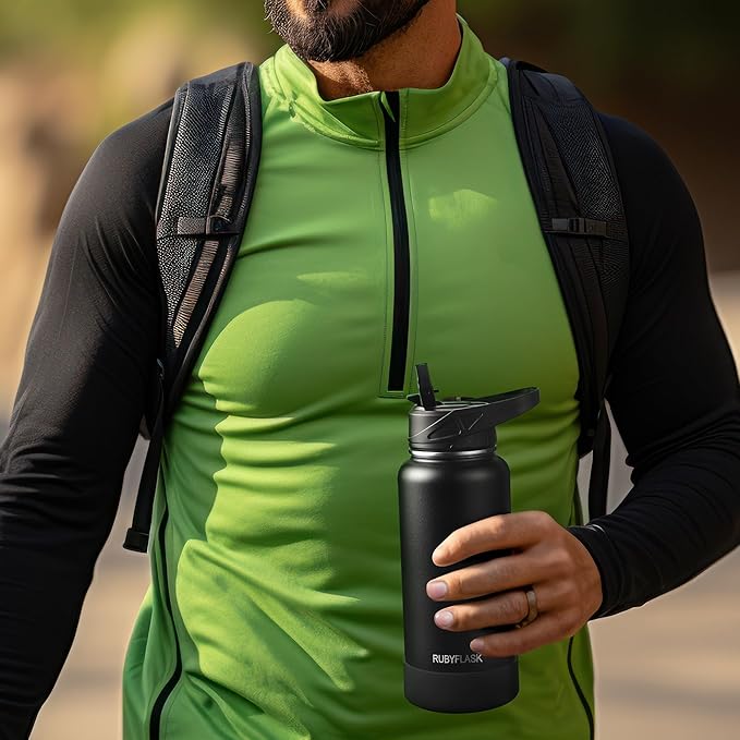 24oz Insulated Water Bottle with Straw, Stainless Steel Metal Vacuum Water Flask, Large Thermal Water bottle with Leakproof 3 Lids for Travel, Camping, Gym Sports Navy